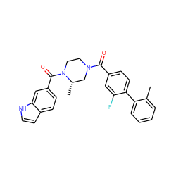 Cc1ccccc1-c1ccc(C(=O)N2CCN(C(=O)c3ccc4cc[nH]c4c3)[C@@H](C)C2)cc1F ZINC000049046370