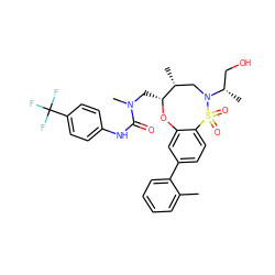 Cc1ccccc1-c1ccc2c(c1)O[C@H](CN(C)C(=O)Nc1ccc(C(F)(F)F)cc1)[C@H](C)CN([C@@H](C)CO)S2(=O)=O ZINC000095602751