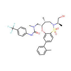 Cc1ccccc1-c1ccc2c(c1)O[C@H](CN(C)C(=O)Nc1ccc(C(F)(F)F)cc1)[C@H](C)CN([C@H](C)CO)S2(=O)=O ZINC000095600130