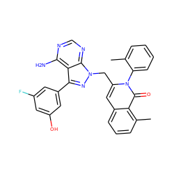 Cc1ccccc1-n1c(Cn2nc(-c3cc(O)cc(F)c3)c3c(N)ncnc32)cc2cccc(C)c2c1=O ZINC000088345653