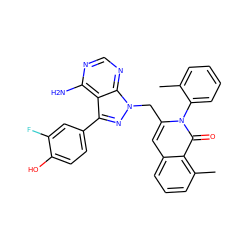 Cc1ccccc1-n1c(Cn2nc(-c3ccc(O)c(F)c3)c3c(N)ncnc32)cc2cccc(C)c2c1=O ZINC000145965496