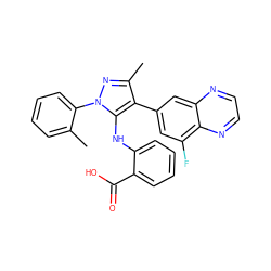 Cc1ccccc1-n1nc(C)c(-c2cc(F)c3nccnc3c2)c1Nc1ccccc1C(=O)O ZINC000064540263