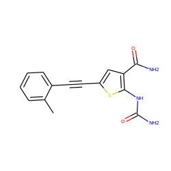 Cc1ccccc1C#Cc1cc(C(N)=O)c(NC(N)=O)s1 ZINC000028524673