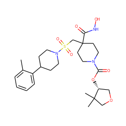 Cc1ccccc1C1CCN(S(=O)(=O)CC2(C(=O)NO)CCN(C(=O)O[C@@H]3COCC3(C)C)CC2)CC1 ZINC000029040051