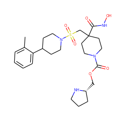 Cc1ccccc1C1CCN(S(=O)(=O)CC2(C(=O)NO)CCN(C(=O)OC[C@@H]3CCCN3)CC2)CC1 ZINC000029040120