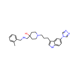 Cc1ccccc1CNCC1(O)CCN(CCCc2c[nH]c3ccc(-n4cnnc4)cc23)CC1 ZINC000026998033