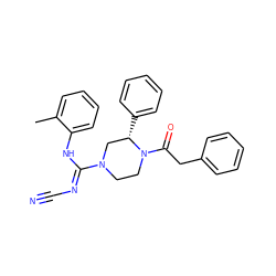 Cc1ccccc1N/C(=N\C#N)N1CCN(C(=O)Cc2ccccc2)[C@@H](c2ccccc2)C1 ZINC000029128395