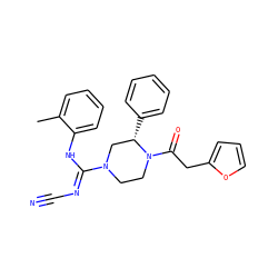 Cc1ccccc1N/C(=N\C#N)N1CCN(C(=O)Cc2ccco2)[C@@H](c2ccccc2)C1 ZINC000029129017