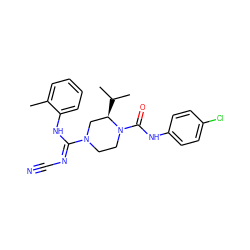 Cc1ccccc1N/C(=N\C#N)N1CCN(C(=O)Nc2ccc(Cl)cc2)[C@H](C(C)C)C1 ZINC000040935002