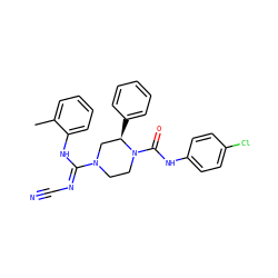 Cc1ccccc1N/C(=N\C#N)N1CCN(C(=O)Nc2ccc(Cl)cc2)[C@H](c2ccccc2)C1 ZINC000040933957