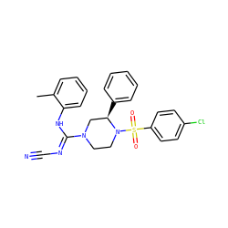 Cc1ccccc1N/C(=N\C#N)N1CCN(S(=O)(=O)c2ccc(Cl)cc2)[C@H](c2ccccc2)C1 ZINC000040934236