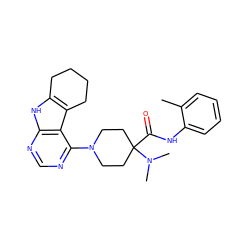 Cc1ccccc1NC(=O)C1(N(C)C)CCN(c2ncnc3[nH]c4c(c23)CCCC4)CC1 ZINC000653851561