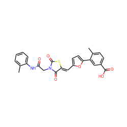 Cc1ccccc1NC(=O)CN1C(=O)S/C(=C\c2ccc(-c3cc(C(=O)O)ccc3C)o2)C1=O ZINC000002169133