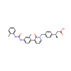 Cc1ccccc1NC(=O)Nc1ccc(-c2cccn(Cc3ccc([C@H](C)CC(=O)O)cc3)c2=O)c(C)c1 ZINC000014963335