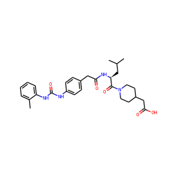 Cc1ccccc1NC(=O)Nc1ccc(CC(=O)N[C@@H](CC(C)C)C(=O)N2CCC(CC(=O)O)CC2)cc1 ZINC000026824954