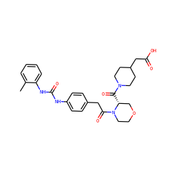 Cc1ccccc1NC(=O)Nc1ccc(CC(=O)N2CCOC[C@H]2C(=O)N2CCC(CC(=O)O)CC2)cc1 ZINC000014966068