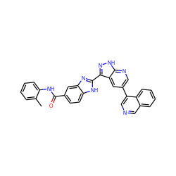 Cc1ccccc1NC(=O)c1ccc2[nH]c(-c3n[nH]c4ncc(-c5cncc6ccccc56)cc34)nc2c1 ZINC000072178833