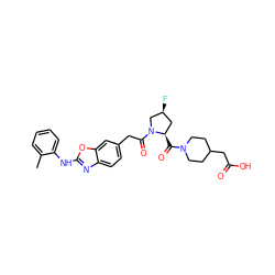 Cc1ccccc1Nc1nc2ccc(CC(=O)N3C[C@@H](F)C[C@H]3C(=O)N3CCC(CC(=O)O)CC3)cc2o1 ZINC000040935571