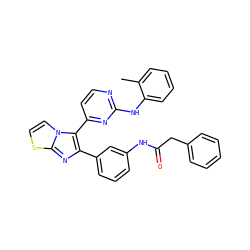 Cc1ccccc1Nc1nccc(-c2c(-c3cccc(NC(=O)Cc4ccccc4)c3)nc3sccn23)n1 ZINC000063539904