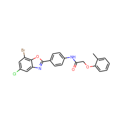 Cc1ccccc1OCC(=O)Nc1ccc(-c2nc3cc(Cl)cc(Br)c3o2)cc1 ZINC000029048441
