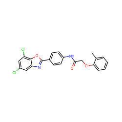 Cc1ccccc1OCC(=O)Nc1ccc(-c2nc3cc(Cl)cc(Cl)c3o2)cc1 ZINC000001144265