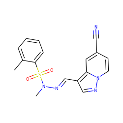 Cc1ccccc1S(=O)(=O)N(C)/N=C/c1cnn2ccc(C#N)cc12 ZINC000073199326