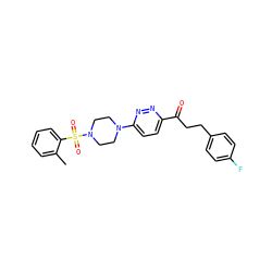 Cc1ccccc1S(=O)(=O)N1CCN(c2ccc(C(=O)CCc3ccc(F)cc3)nn2)CC1 ZINC001772577017