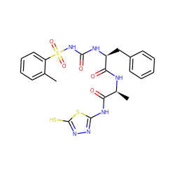 Cc1ccccc1S(=O)(=O)NC(=O)N[C@@H](Cc1ccccc1)C(=O)N[C@@H](C)C(=O)Nc1nnc(S)s1 ZINC000010450452