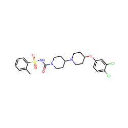 Cc1ccccc1S(=O)(=O)NC(=O)N1CCC(N2CCC(Oc3ccc(Cl)c(Cl)c3)CC2)CC1 ZINC000095553848