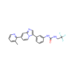 Cc1cccnc1-c1ccn2c(-c3cccc(NC(=O)NCC(F)(F)F)c3)cnc2c1 ZINC000147158789