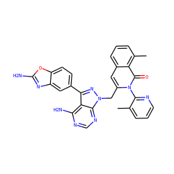 Cc1cccnc1-n1c(Cn2nc(-c3ccc4oc(N)nc4c3)c3c(N)ncnc32)cc2cccc(C)c2c1=O ZINC000088346160