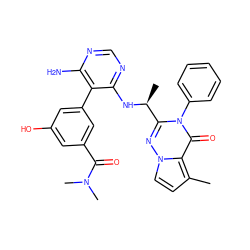 Cc1ccn2nc([C@H](C)Nc3ncnc(N)c3-c3cc(O)cc(C(=O)N(C)C)c3)n(-c3ccccc3)c(=O)c12 ZINC000224265575