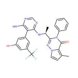 Cc1ccn2nc([C@H](C)Nc3ncnc(N)c3-c3cc(O)cc(C(F)(F)F)c3)n(-c3ccccc3)c(=O)c12 ZINC000209038583