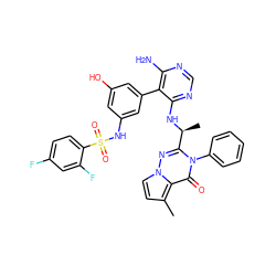 Cc1ccn2nc([C@H](C)Nc3ncnc(N)c3-c3cc(O)cc(NS(=O)(=O)c4ccc(F)cc4F)c3)n(-c3ccccc3)c(=O)c12 ZINC001772646424