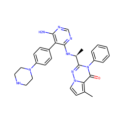 Cc1ccn2nc([C@H](C)Nc3ncnc(N)c3-c3ccc(N4CCNCC4)cc3)n(-c3ccccc3)c(=O)c12 ZINC001772627250