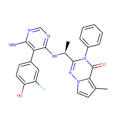 Cc1ccn2nc([C@H](C)Nc3ncnc(N)c3-c3ccc(O)c(F)c3)n(-c3ccccc3)c(=O)c12 ZINC000208952844