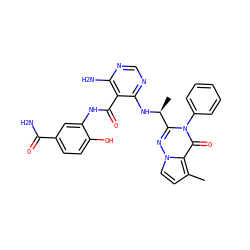 Cc1ccn2nc([C@H](C)Nc3ncnc(N)c3C(=O)Nc3cc(C(N)=O)ccc3O)n(-c3ccccc3)c(=O)c12 ZINC000209010665