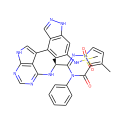 Cc1ccn2nc([C@H](C)Nc3ncnc4[nH]cc(-c5cc(NS(C)(=O)=O)cc6[nH]ncc56)c34)n(-c3ccccc3)c(=O)c12 ZINC000224265172