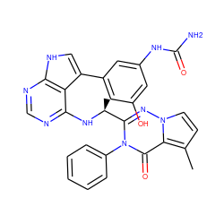 Cc1ccn2nc([C@H](C)Nc3ncnc4[nH]cc(-c5cc(O)cc(NC(N)=O)c5)c34)n(-c3ccccc3)c(=O)c12 ZINC000224356657