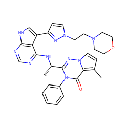 Cc1ccn2nc([C@H](C)Nc3ncnc4[nH]cc(-c5ccn(CCN6CCOCC6)n5)c34)n(-c3ccccc3)c(=O)c12 ZINC001772597763