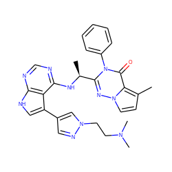 Cc1ccn2nc([C@H](C)Nc3ncnc4[nH]cc(-c5cnn(CCN(C)C)c5)c34)n(-c3ccccc3)c(=O)c12 ZINC000224349312