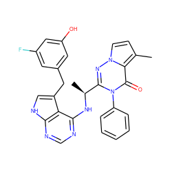 Cc1ccn2nc([C@H](C)Nc3ncnc4[nH]cc(Cc5cc(O)cc(F)c5)c34)n(-c3ccccc3)c(=O)c12 ZINC000208971981