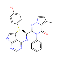 Cc1ccn2nc([C@H](C)Nc3ncnc4[nH]cc(Sc5ccc(O)cc5)c34)n(-c3ccccc3)c(=O)c12 ZINC000224319286