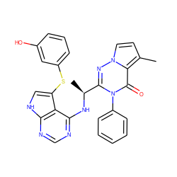 Cc1ccn2nc([C@H](C)Nc3ncnc4[nH]cc(Sc5cccc(O)c5)c34)n(-c3ccccc3)c(=O)c12 ZINC000208989293