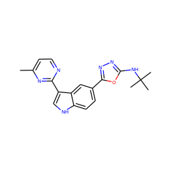 Cc1ccnc(-c2c[nH]c3ccc(-c4nnc(NC(C)(C)C)o4)cc23)n1 ZINC000145412536