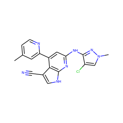 Cc1ccnc(-c2cc(Nc3nn(C)cc3Cl)nc3[nH]cc(C#N)c23)c1 ZINC000219683214