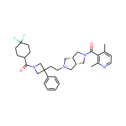 Cc1ccnc(C)c1C(=O)N1C[C@@H]2CN(CCC3(c4ccccc4)CN(C(=O)C4CCC(F)(F)CC4)C3)C[C@@H]2C1 ZINC000049756150