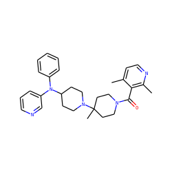 Cc1ccnc(C)c1C(=O)N1CCC(C)(N2CCC(N(c3ccccc3)c3cccnc3)CC2)CC1 ZINC000029040899