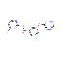 Cc1ccnc(NC(=O)c2cc(F)cc(Oc3cncnc3)c2)n1 ZINC000166517950