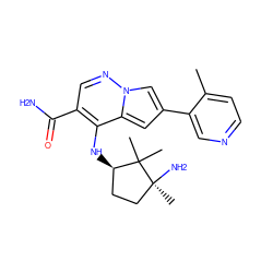 Cc1ccncc1-c1cc2c(N[C@@H]3CC[C@](C)(N)C3(C)C)c(C(N)=O)cnn2c1 ZINC000169710827